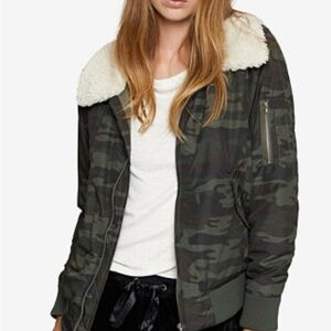 Sanctuary Green Camouflage Bomber Jacket with White Faux Fur Collar